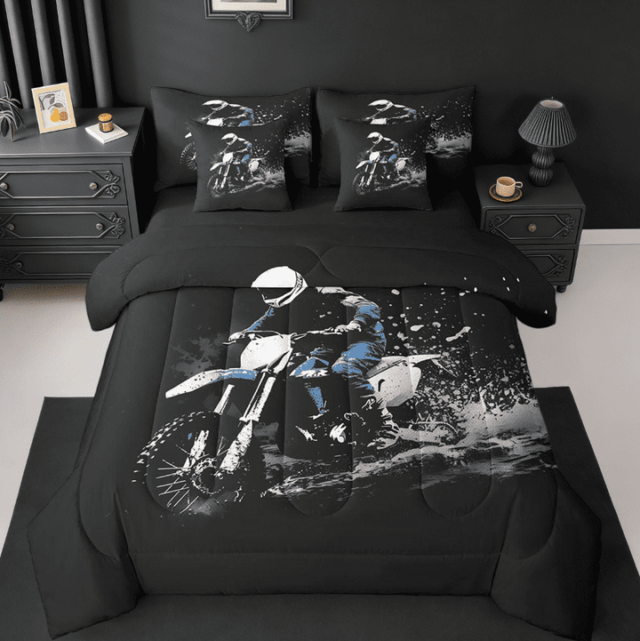 Manfei Dirt Bike 7 Pieces Bedding Comforter Set,Racing Themed Dirt Bike Racing Motocross Full Bedding Set For Kids Boys Girls Motorbike Lover Reversible