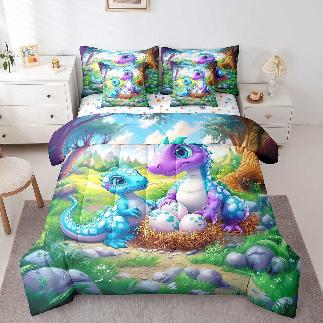 Erosebridal 7 Piece Cartoon Dinosaur Bed in a Bag Twin Cute Animals Sheet Set Kawaii Dinosaur Bedding Comforter Cuter Animal Cushion Covers