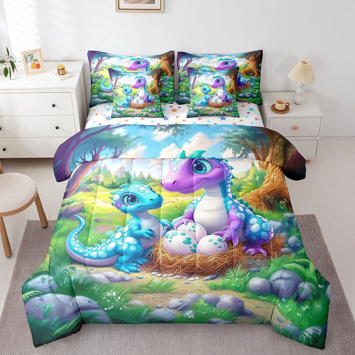 Erosebridal 7 Piece Cartoon Dinosaur Bed in a Bag Twin Cute Animals Sheet Set Kawaii Dinosaur Bedding Comforter Cuter Animal Cushion Covers