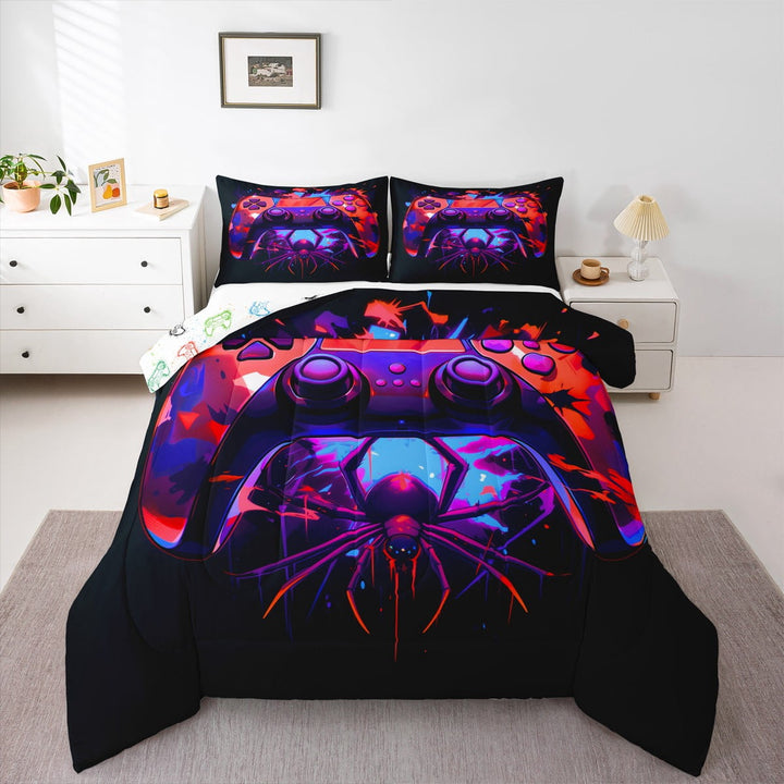 Gaming Full Size Comforter Sets - Gamer Comforter Full Size Bedding Set, Ghost Spider Webs Halloween Decorations Red Blue Purple Gamer Room Decor