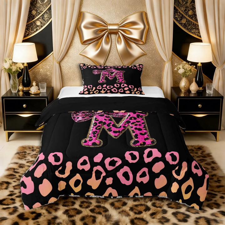 Erosebridal Girls Cheetah Print Alphabet M Twin Comforter Sets 3-Piece,Bling Glitter Print Leopard Print Bedding Set for Teens Women,Black Reversible,Ultra Soft Home Decor