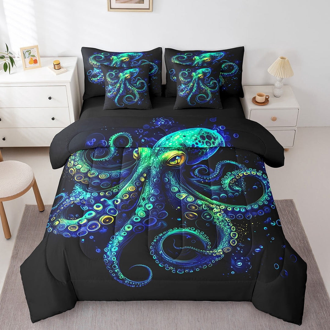 Erosebridal Sealife Octopus Bedding Sets King Size,Ocean Sea Bed in a Bag King size,Lightweight Reversible Bedding King Size,Teenager Bedroom Decor,7 Pieces