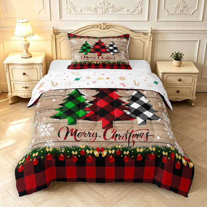 Manfei Rustic Buffalo Plaid Twin Comforter Sets,Festive Christmas Tree Bedding Set,Red Brown,Christmas Reversible,2 Pieces,1 Comforter and 1 Pillowcase