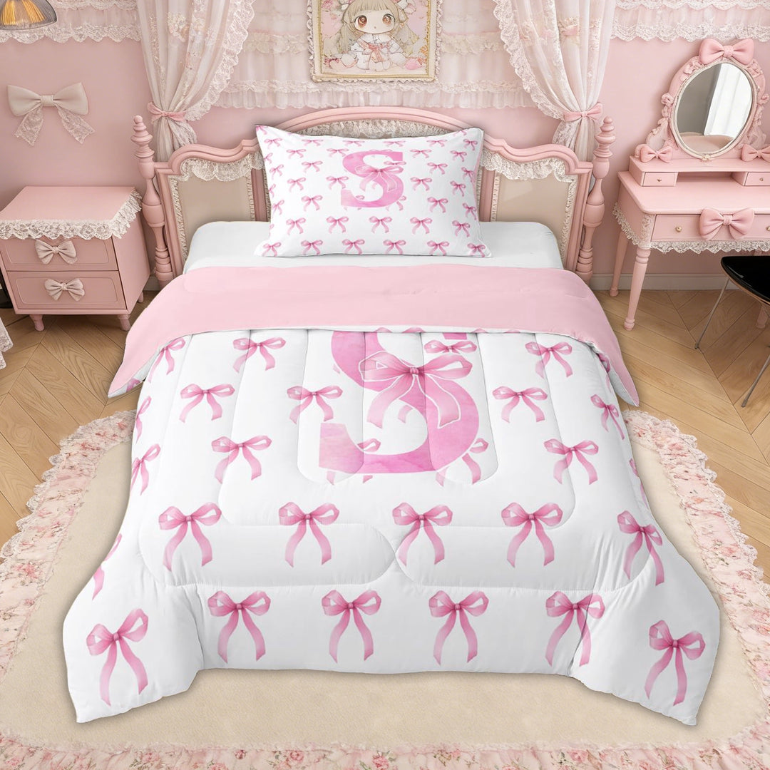Erosebridal Bow Letter S Twin Comforter Sets for Girls, Pink Watercolor Ribbon Bedding Set, Pink Reversible, 2 Pieces