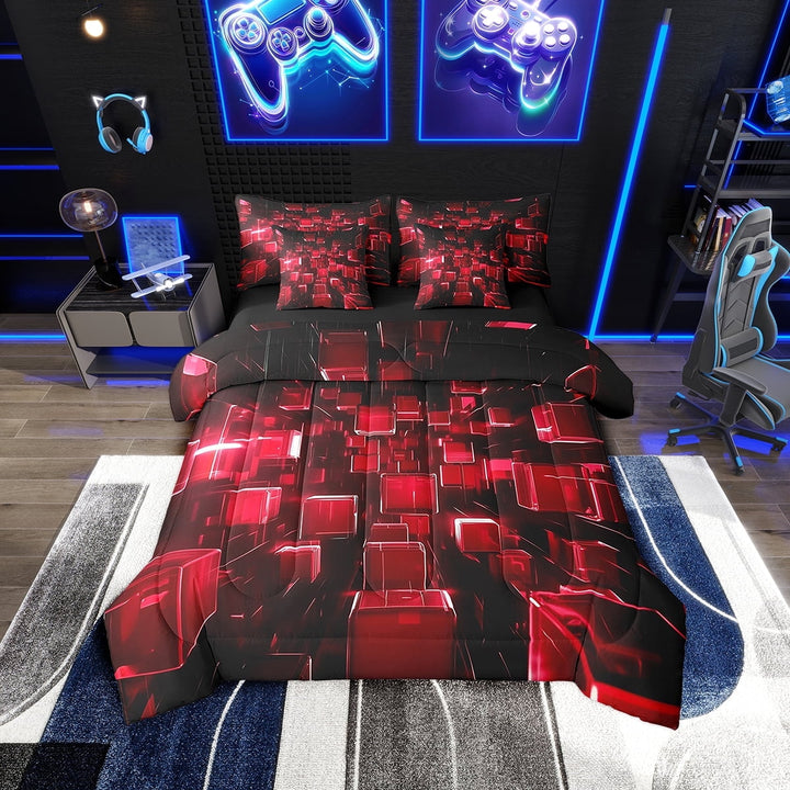 Erosebridal Red Geometric Bedding Twin Size, Gradient Sauqre Bedding Sets Twin Size, Space Room Decor, Reversible 7 Pieces