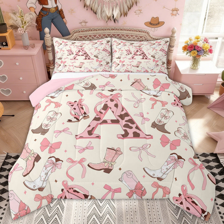Erosebridal Western Bow Cowboy Boot Full Size Comforter Sets, Initial A Letter Bedding Sets for Girls, Pink Reversible, 3 Pieces