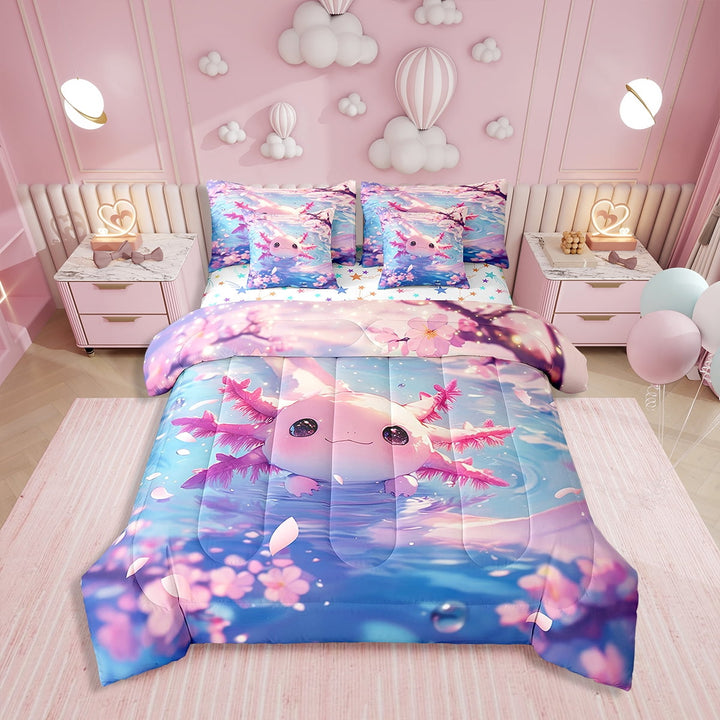 Erosebridal Cartoon Axolotl Comforter Set with Sheets Cute Salamander 7 Piece Bedding Set Ocean Animal Bed in a Bag Salamander Bed Set Twin Size