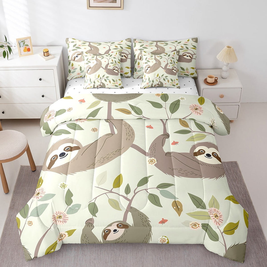 Sloth Comforter Set 7 Piece Bed in a Bag Twin,Cute Animals Sheet Set with Comforter,Plant Leaves Bedding Sets,Botanical Tree Branches Bed Set Leaf Floral Room Decor