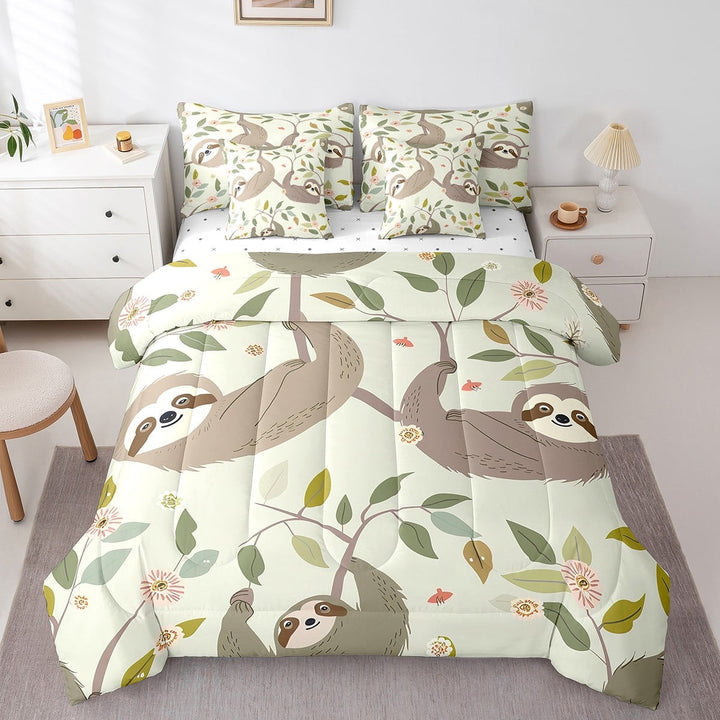 Sloth Comforter Set 7 Piece Bed in a Bag Twin,Cute Animals Sheet Set with Comforter,Plant Leaves Bedding Sets,Botanical Tree Branches Bed Set Leaf Floral Room Decor