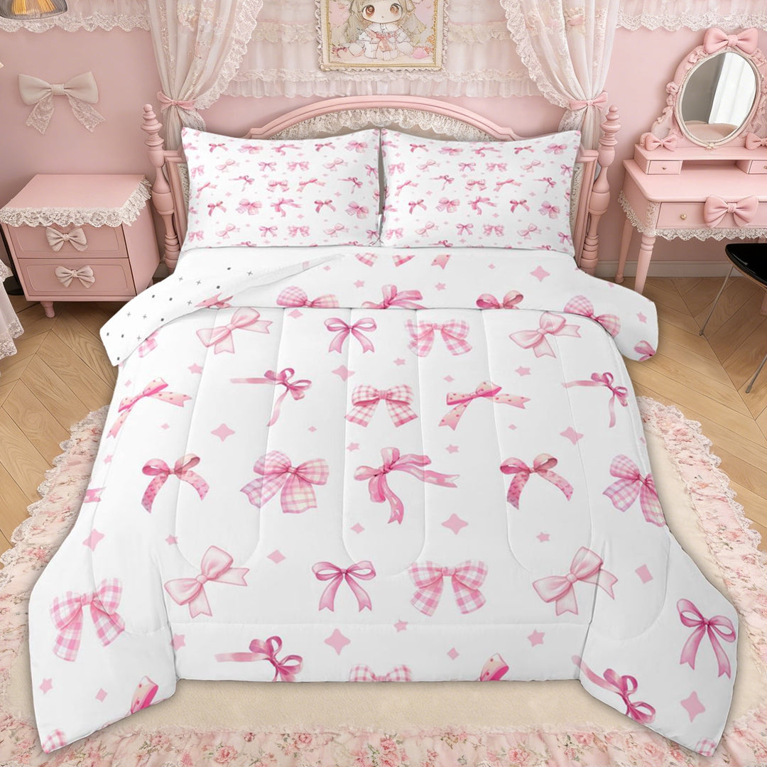 Erosebridal Princess Bowknot Full Size Comforter Sets, Pink Kawaii Stars Bedding Sets for Girls Kids Teens, Reversible, 3pcs
