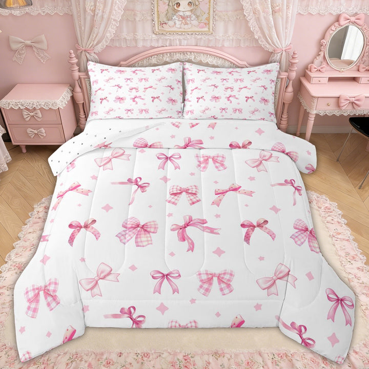 Erosebridal Princess Bowknot Full Size Comforter Sets, Pink Kawaii Stars Bedding Sets for Girls Kids Teens, Reversible, 3pcs