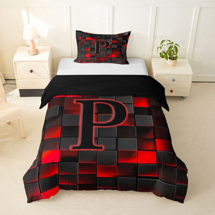 Erosebridal Teens Black Red Geometric Grid Twin Bedding,P Personalized Initial Duvet Cover Set For Boys Girls,Black Reversible,2pcs,No Comforter