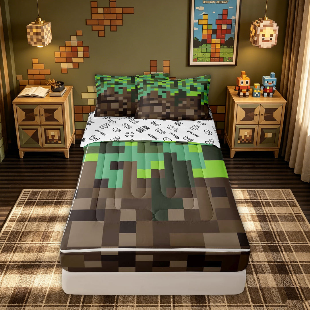 meiyoeat Vintage Grass Block Zipper Full Size Comforter Sets with Fitted Sheet and 2 Pillowcases for Kids, Game Pixel Terrain Zipper Bedding Set for Bedroom, Green Brown, Gamepad ReversibleB