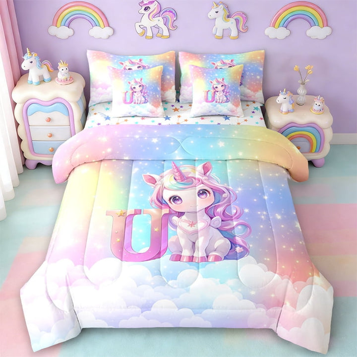 Erosebridal Magical Unicorn Bedding Sets Twin Size, Rainbow Stars Comforter Sets With Sheets, Monogrammed Letter X Bed In A Bag Twin Size,Lightweight Bedroom Decoration,7-Piece Reversible