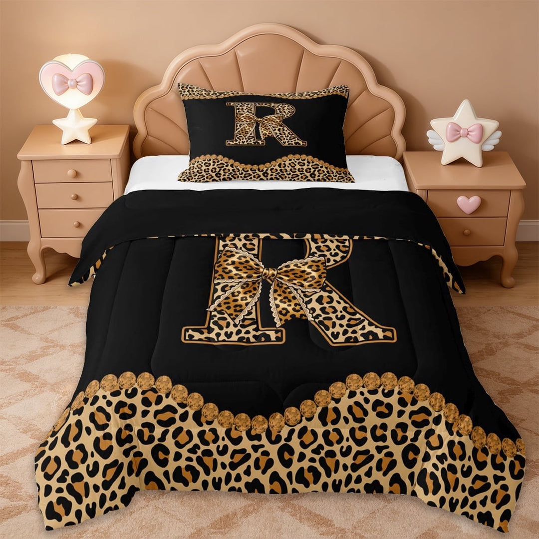 Erosebridal Leopard Pattern Bowknot Twin Comforter Sets,Brown Letter R Monogrammed Bedding Set For Girls Kids,Black Reversible,2pcs