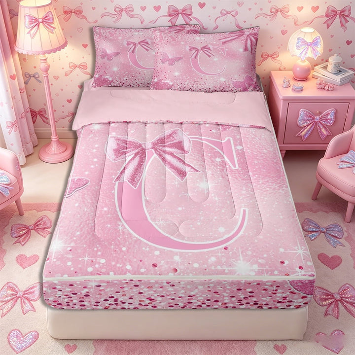 Meiyoeat Bow Letter C Zipper Twin Comforter Sets with Fitted Sheet and 2 Pillowcases for Teens, Sparkle Glitter Butterfly Print Zipper Bedding Set,4-Piece,Pink Reversible