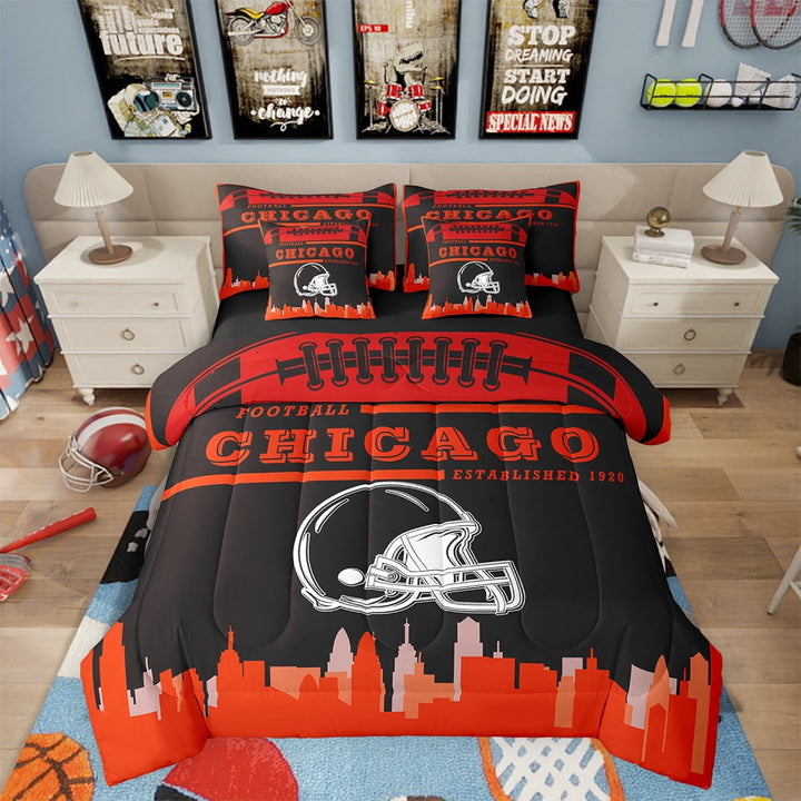 7 Piece Sports Bedding Sets,American Football Fans Bed in a Bag Twin Size Rugby Player Comforter Set with Sheets Football Lovers Bed Set Strawberry Red Sheets (Chicago)