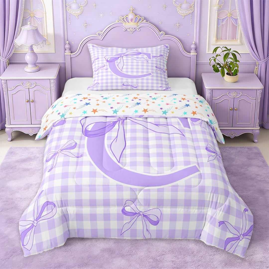 Erosebridal Purple Buffalo Plaid Twin Comforter Sets For Kids,Initial Letter C Monogrammed Bedding Set For Bowknot Lover,Colorful Stars Reversible,2-Piece