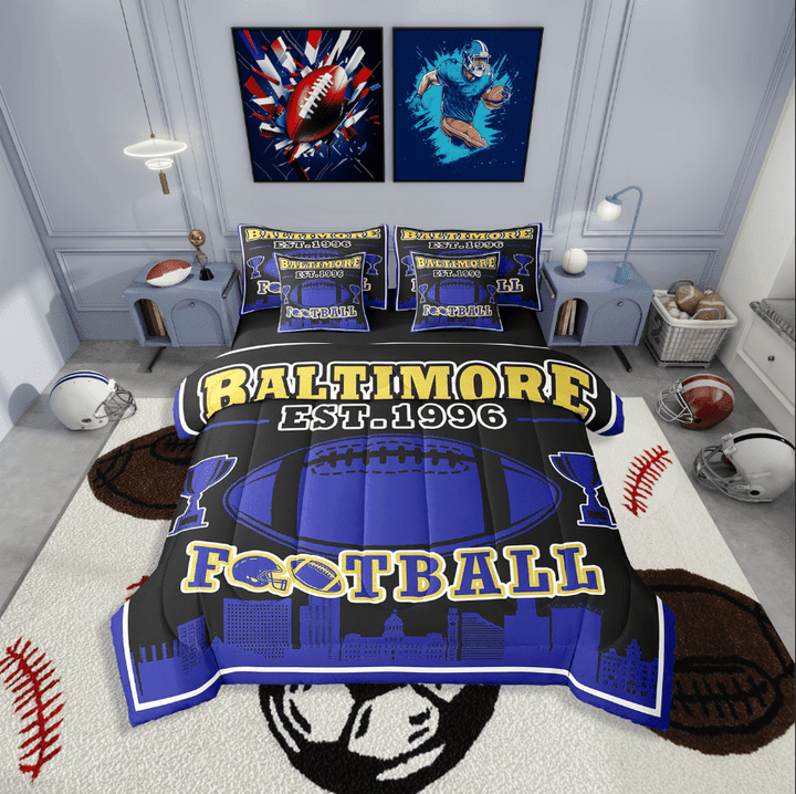 Erosebridal Football Print Bedding Sets Twin Size,Blue Black Comforter Sets with Sheets,Teenager Bedroom Decor(Baltimore),Reversible,Lightweight,7-Piece