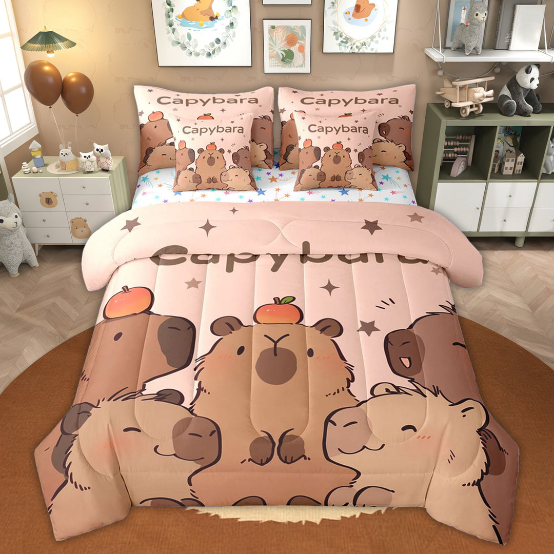 Erosebridal Capybara Family Twin Bedding Sets for Kids, Cartoon Stars Print Bedding Comforter Set, 7-Piece
