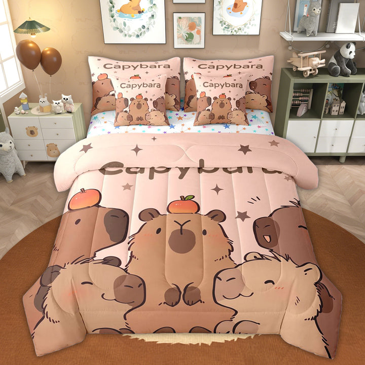Erosebridal Capybara Family Twin Bedding Sets for Kids, Cartoon Stars Print Bedding Comforter Set, 7-Piece