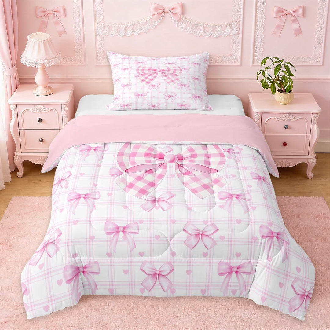 Erosebridal Pink Bowknot Twin Comforter Sets For Girls,Classic Geometric Buffalo Plaid Bedding Set For Kids,Pink Reversible,2-Piece