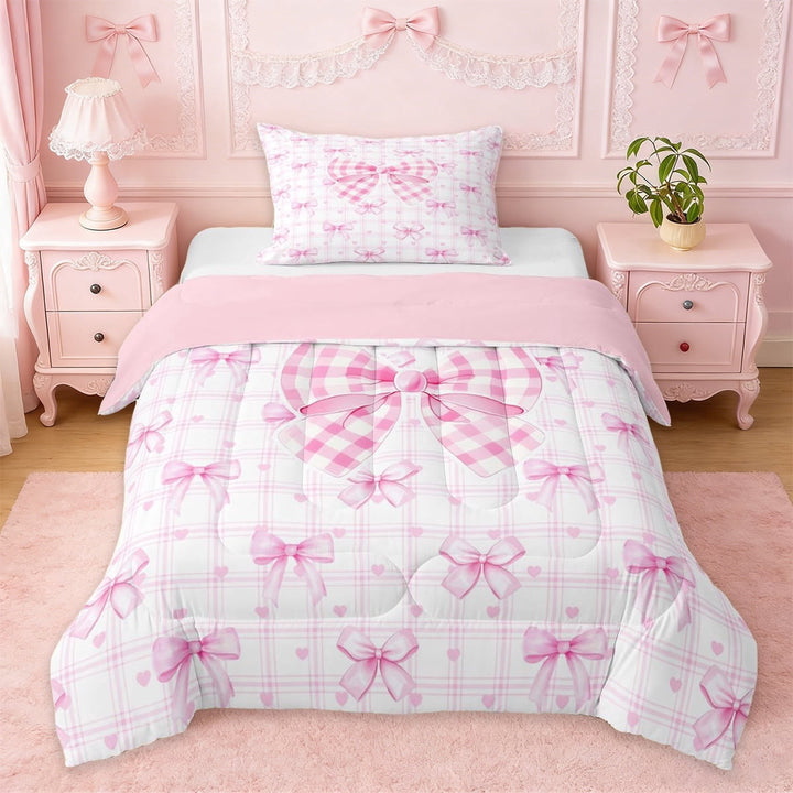 Erosebridal Pink Bowknot Twin Comforter Sets For Girls,Classic Geometric Buffalo Plaid Bedding Set For Kids,Pink Reversible,2-Piece