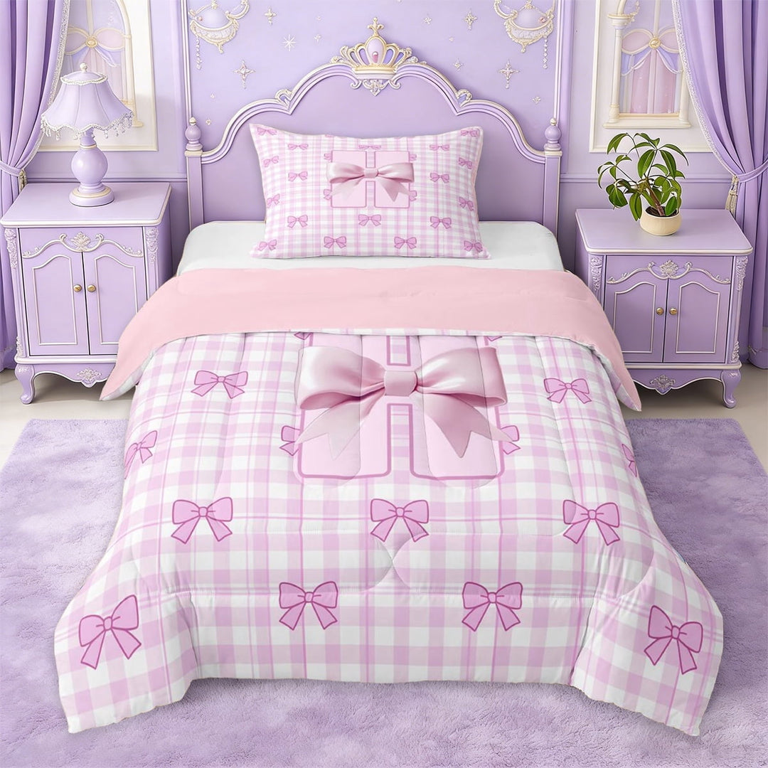 Erosebridal Dreamy Princess Bowknot Twin Comforter Sets For Kids,Girls Ribbon Bow Theme Initial Letter H Bedding Set,Pink Reversible,2-Piece