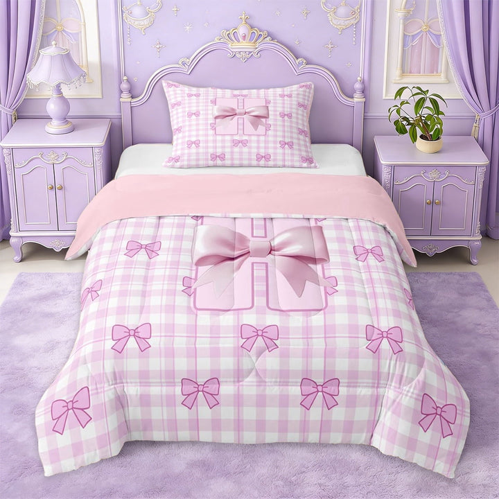 Erosebridal Dreamy Princess Bowknot Twin Comforter Sets For Kids,Girls Ribbon Bow Theme Initial Letter H Bedding Set,Pink Reversible,2-Piece