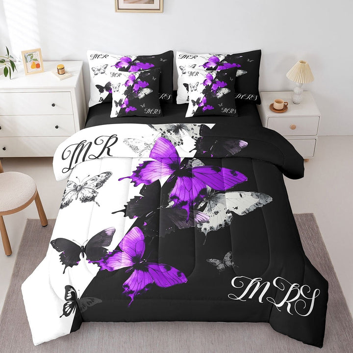 Mr Mrs Comforter Set 7 Piece Purple Black Butterfly King Bedding Set Valentine&
