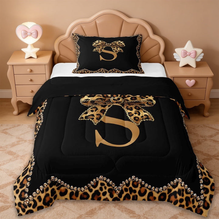 Erosebridal Cheetah Pattern Letter S Twin Comforter Sets,Kids Leopard Printed Bedding Set For Bow Girls,Reversible black,2 Pieces