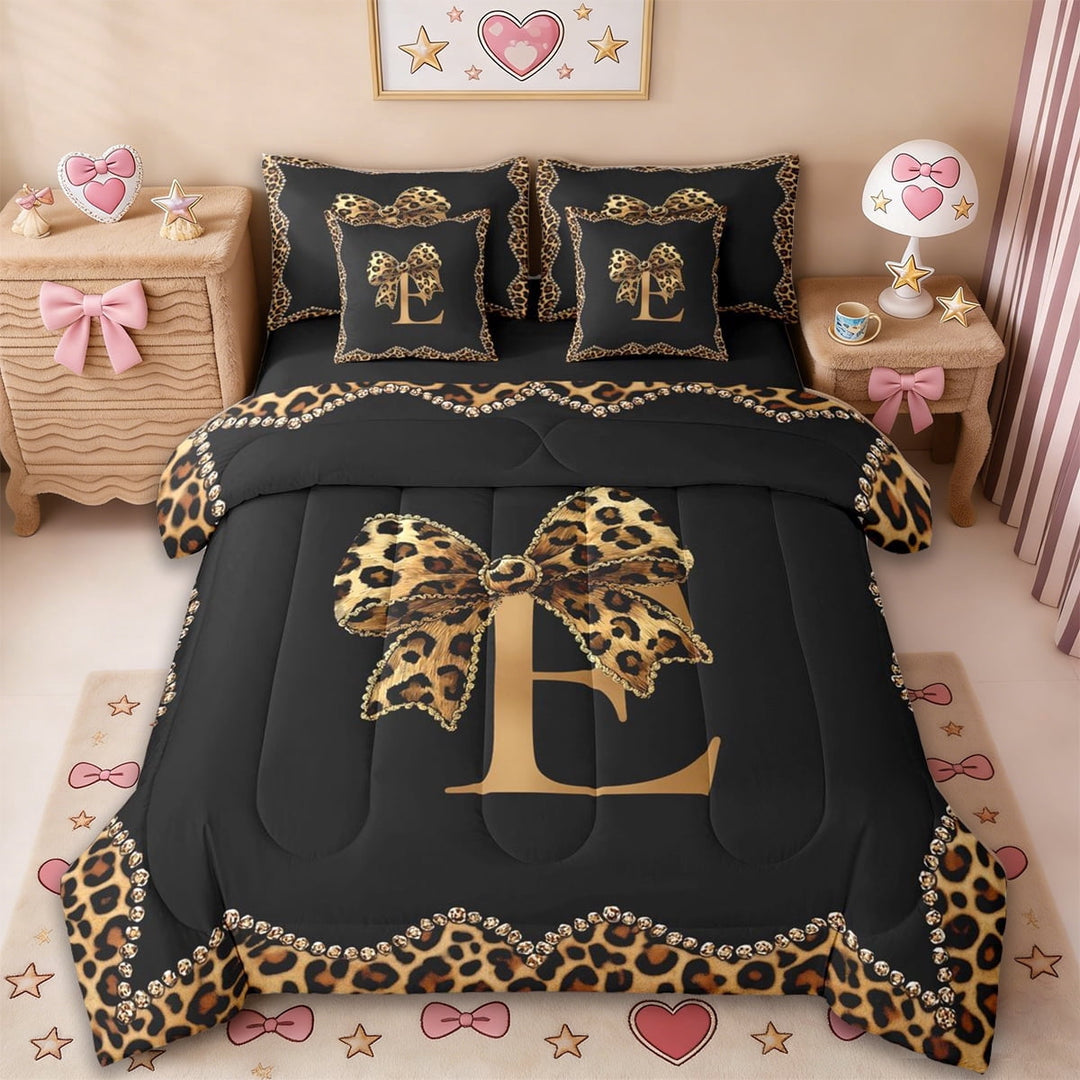 Erosebridal Cheetah Pattern Letter E 7-Piece Twin Bedding Sets,Kids Leopard Printed Bedding Comforter Set For Bow Girls,Reversible black