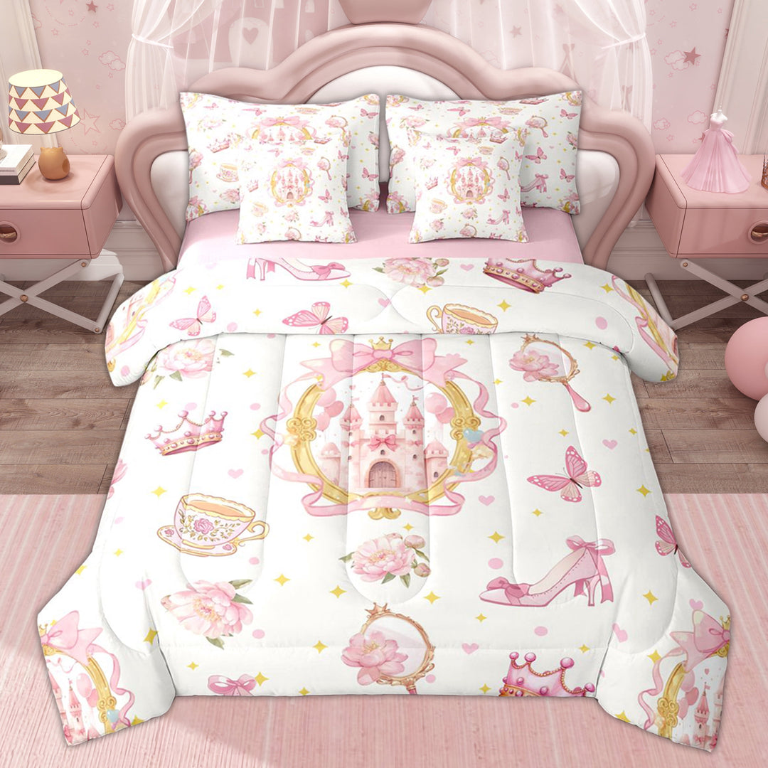 Erosebridal Pink Princess Castle Twin Bedding Sets, Girls Bow Flower Bedding Comforter Set, 7-Piece