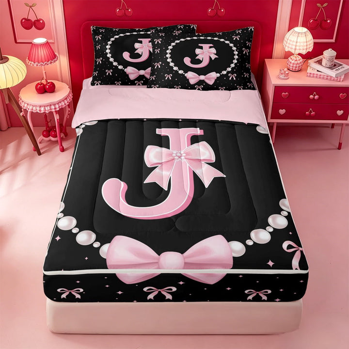 meiyoeat Pink Cute Bow Zipper Twin Comforter Sets with Fitted Sheet and 2 Pillowcases For Girls,Kawaii Bowknot Monogrammed J Zipper Bedding Set For Kids,Pink Reversible,4 Pieces