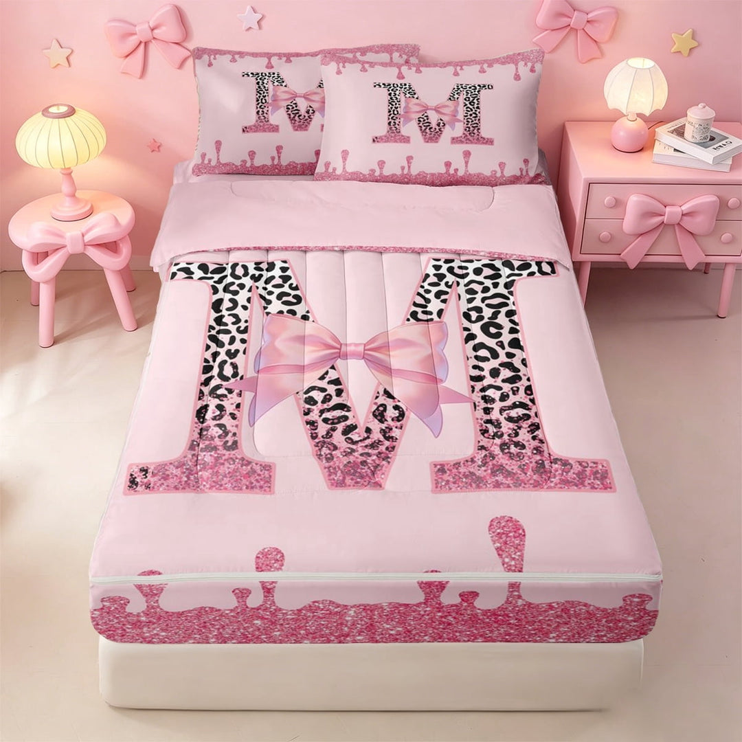 meiyoeat Cute Bowknot Zipper Twin Comforter Sets with Fitted Sheet and 2 Pillowcases For Girls,Leopard Animal Print Initial Letter M Zipper Bedding Set,Pink Reversible,4pcs
