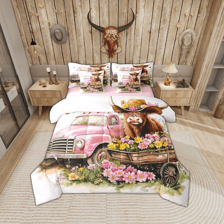 Erosebridal Kawaii Highland Cow Bedding Sets Twin Size, Pink Farm Truck Comforter Sets with Sheets, Flower Floral Cowgirls Bedroom Decor, Reversible 7-Piece