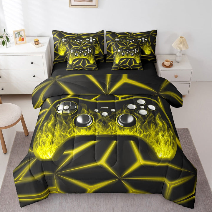 Erosebridal Gamer Bed in a Bag Twin size 7pcs , Geometric Comforter Sets with Sheets, Black Gold, Reversible