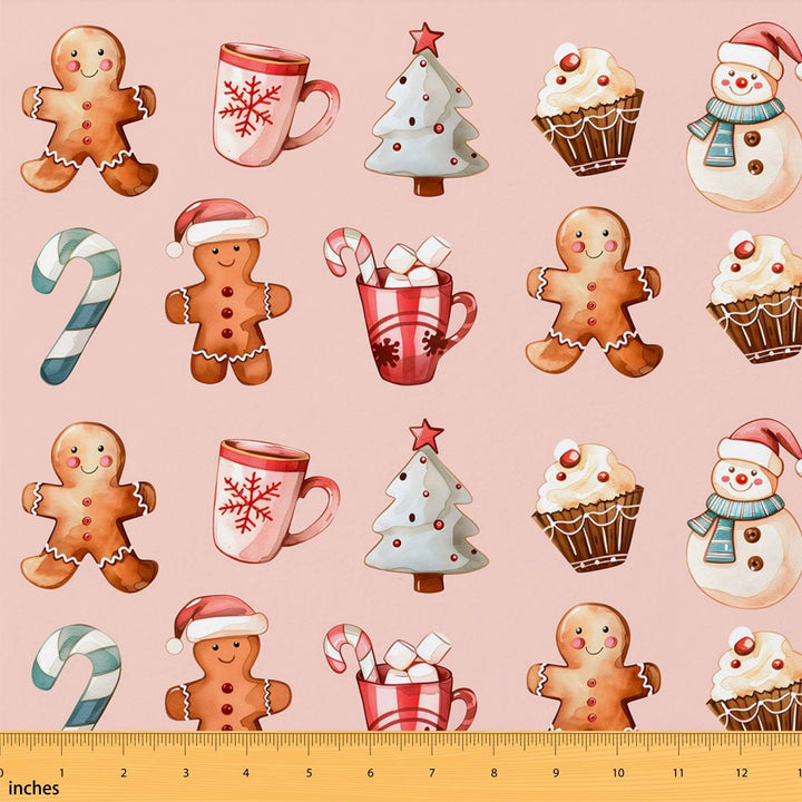 Manfei Xmas Gingerbread Fabric by the Yard 1 Yard, Cute Christmas Tree Home Decor Fabric by the Yard, Light Pink