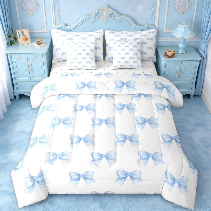 Erosebridal Blue Princess Bowknot 7-Piece Twin Bedding Sets,Kawaii Bow Girls Bedding Comforter Set For Kids,Reversible
