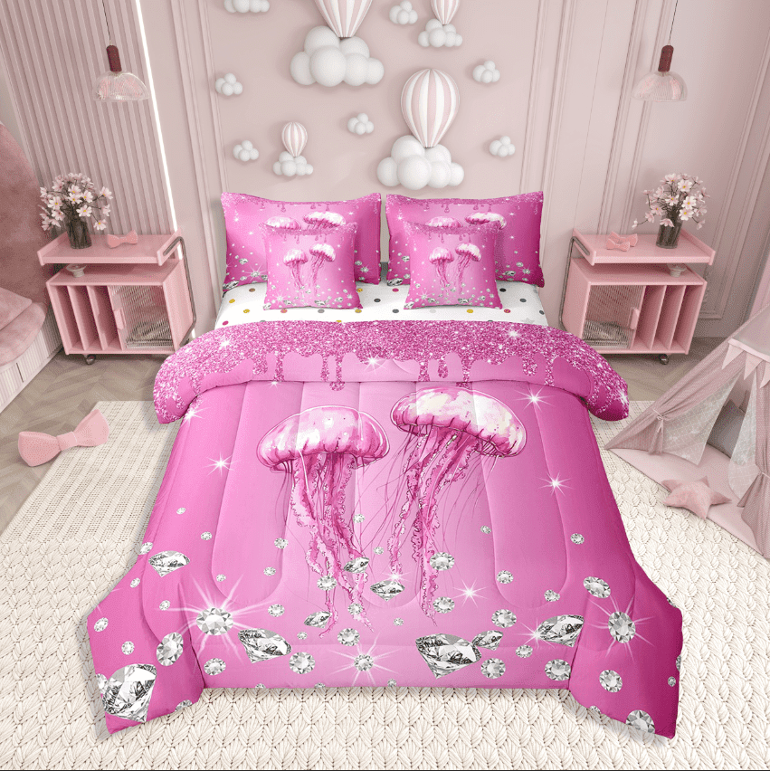 Erosebridal Pink Jellyfish Bedding Sets Twin Size,Crystal Sequin Print Comforter Sets With Sheets,Bling Decor,Reversible,Breathable,7Pcs