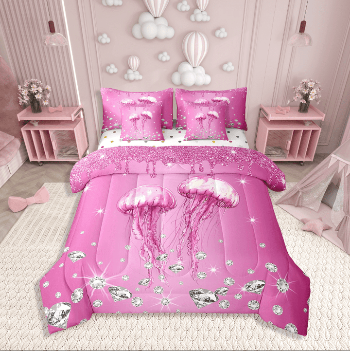 Erosebridal Pink Jellyfish Bedding Sets Twin Size,Crystal Sequin Print Comforter Sets With Sheets,Bling Decor,Reversible,Breathable,7Pcs