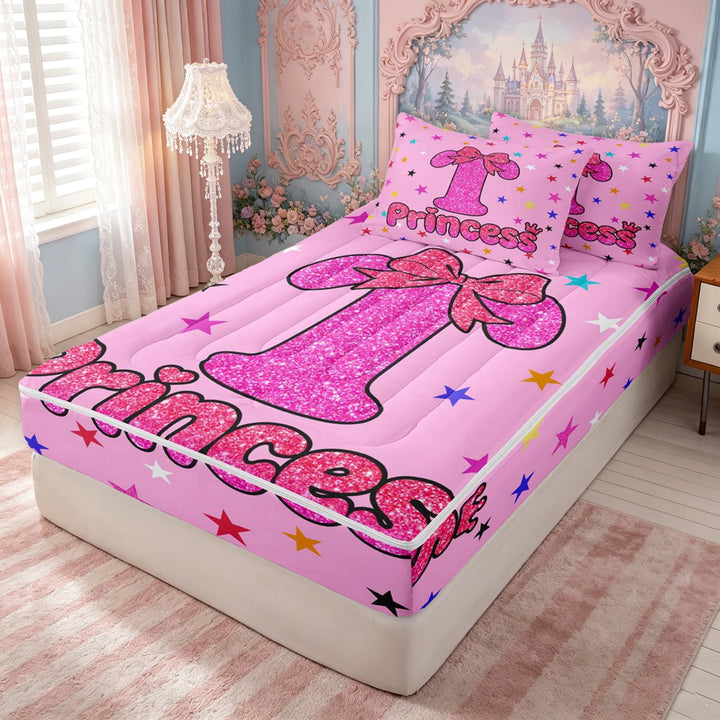 meiyoeat Dreamy Princess M Letter Zipper Twin Comforter Sets with Fitted Sheet and 2 Pillowcases for Girls, Kawaii Cartoon Stars Bow Zipper Bedding Set, Pink Reversible, 4 Pieces