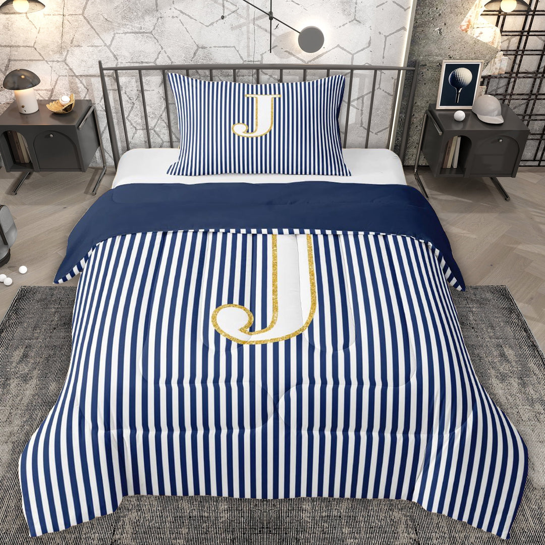 Erosebridal Fashion Letter J Twin Comforter Sets for Kid, Blue Cartoon Line Bedding Set, 2-Piece