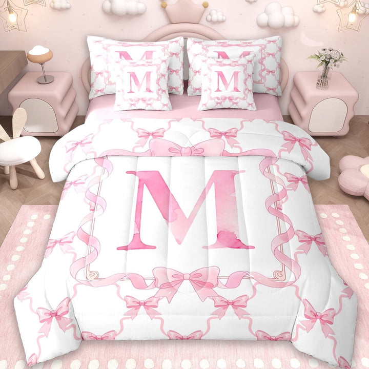 Erosebridal Girls Pink Bowknot 7-Piece Twin Bedding Sets,Initial Alphabet M Bedding Comforter Set For Kids,Reversible pink