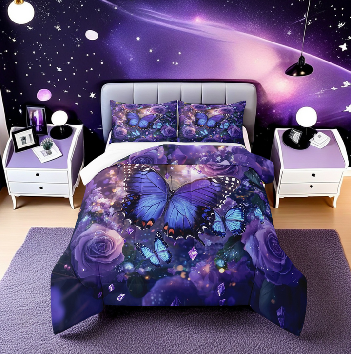 Purple Butterfly Full Comforter Set Rose Flower Print Woman Adult Bedding Set,Galaxy Glitter Decor Down Comforter,Floral Leaf Bed Set