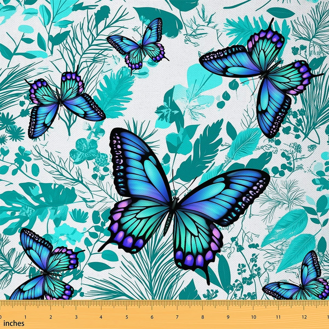 Manfei Cartoon Butterfly Sewing &amp; Crafting Fabric (1 Yard), Green Leaves Home Decor Fabric by the Yard, Wild Animal DIY Fabric