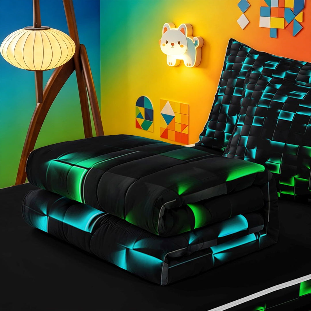 meiyoeat Classic Geometric Checkered Zipper Full Size Comforter Sets with Fitted Sheet and 2 Pillowcases For Kids,Gradient Neon Blue Green Zipper Bedding Set For Boys,Black Reversible,4-Piece
