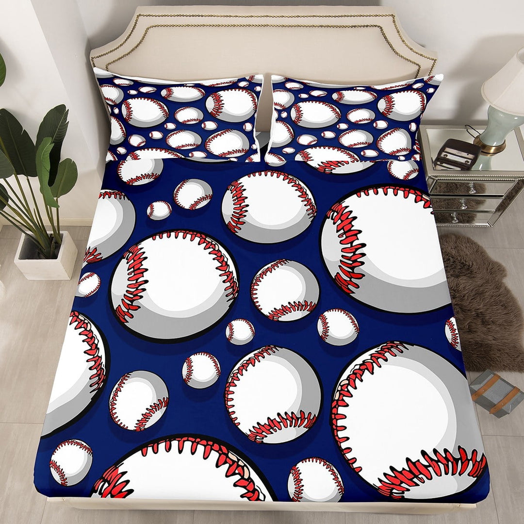 Baseball Bedding Set Sports Theme Fitted Sheet Teens 3D Blue Ball Pattern Bed Sheet Set Breathable Baseball Games Bed Cover Room Decor Twin Size