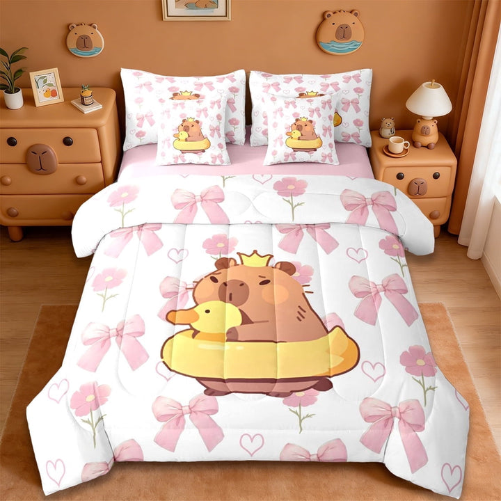 Erosebridal Cute Capybara 7-Piece Twin Bedding Sets,Pink Bowtie Yellow Duck Bedding Comforter Set For Capybara Lovers ,Reversible Pink