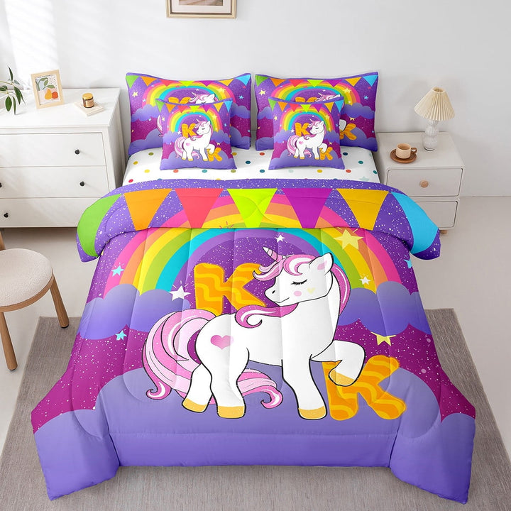 Erosebridal Dreamy Unicorn Bedding Sets Twin Size, Initial Letter K Comforter Sets with Sheets, Rainbow Reversible Bedding Twin Size, Microfiber Bedroom Decor, 7 Pieces